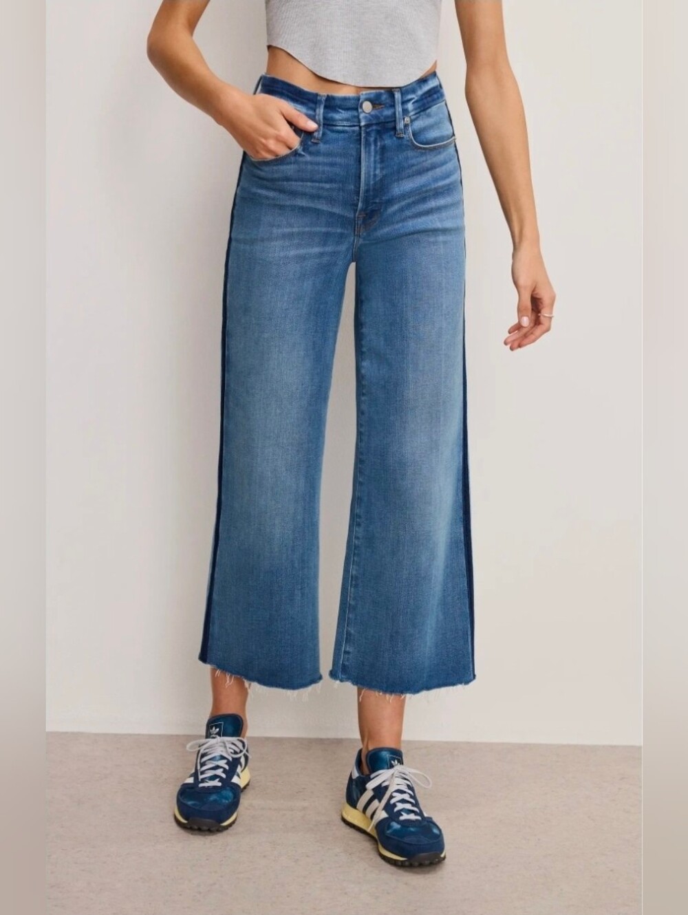 ❤️ GOOD AMERICAN GOOD WAIST HIGH RISE WIDE LEG CROP PALAZZO JEANS, SIDE STRIPE